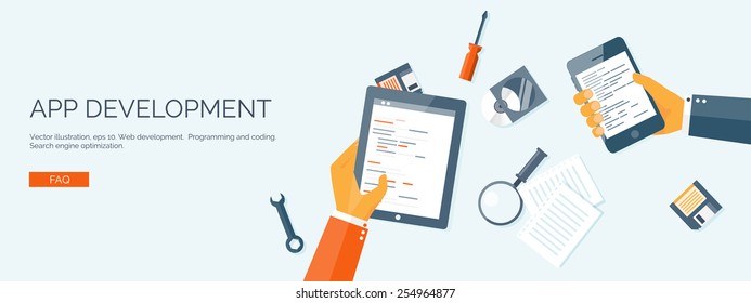 Vector illustration. Flat header. Programming and coding online. Web courses. Internet and web design. App development.
