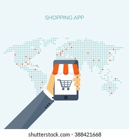  Vektorgrafik.Flacher Header.Einkaufen. Webspeicher. Globale Kommunikation, Handel. E-Business. Handel, Geldverdienen. Internet-Banking.