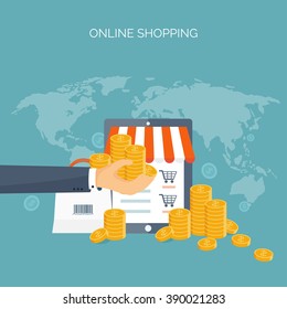 Vector illustration. Flat header. Shopping. Web store. Global communication, trading. E-business. Commerce, money making. Internet banking.