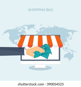 Vector illustration. Flat header. Shopping. Web store. Global communication, trading. E-business. Commerce, money making. Internet banking.