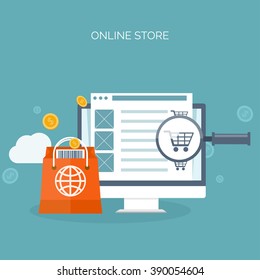 Vector illustration. Flat header. Shopping. Web store. Global communication, trading. E-business. Commerce, money making. Internet banking.