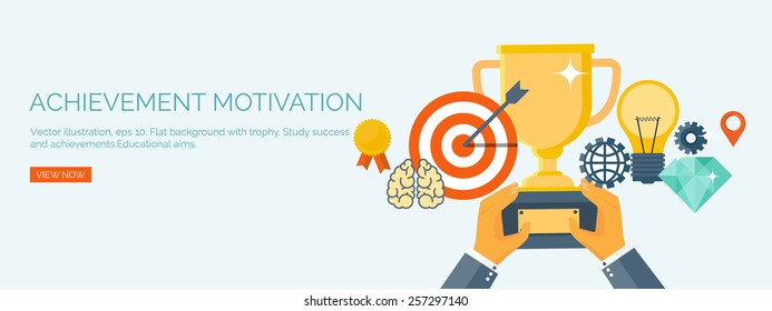 Vector illustration. Flat header.  Target and trophy. Management and achievements. Smart solutions and business aims. Generating ideas. Business planning and strategy