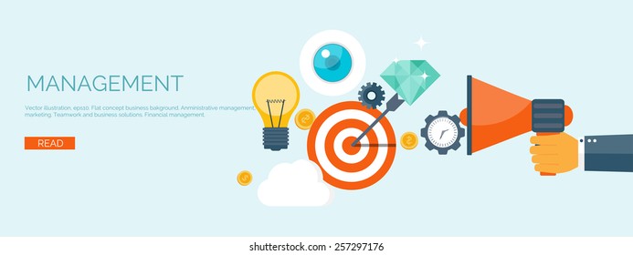 Vector illustration. Flat header. Target and bulb. Management and achievements. Smart solutions and business aims. Generating ideas. Business planning and strategy