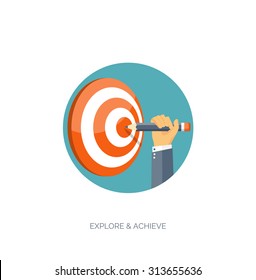 Vector illustration. Flat header. Target. Management and achievements. Smart solutions and business aims. Generating ideas. Business planning and strategy