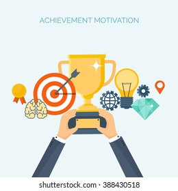 Vector illustration. Flat header.  Target, trophy. Management, achievements. Smart solutions, business aims. Generating ideas. Business planning, strategy