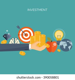 Vector illustration. Flat header.  Target, coins . Management, achievements. Smart solutions, business aims. Generating ideas. Business planning, strategy