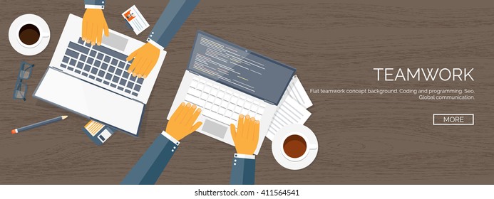 Vector illustration. Flat header. Teamwork. Smart solutions. Programming, coding.