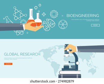 Vector illustration. Flat headers set. Medical background. First aid and diagnostic. Medical research and therapy. Global healthcare.