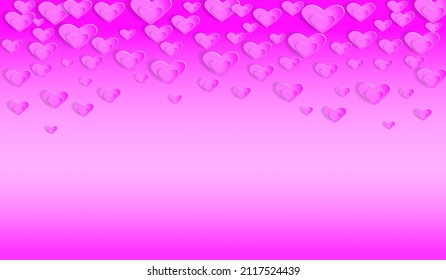 Ilustración vectorial. Corazones planos colocados al azar en rosado sobre un fondo rosado.