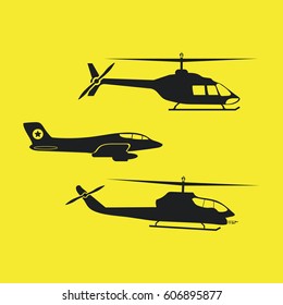 Vector illustration of flat helicopter and airplane