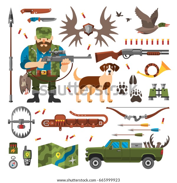 Vector illustration of flat hunting elements.\
Hunt set with hunter, hunting dog, duck, hunting pickup and hunting\
ammunition.