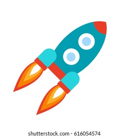 Vector illustration: flat icon with blue rocket ship isolated on white background. Project start up and development process. Innovation product and management.