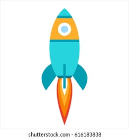 Vector Illustration: Flat Icon With Blue Rocket Ship Isolated On White Background. Project Start Up And Development Process. Innovation Product And Management.