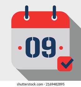 Vector illustration, Flat icon calendar isolated on gray background. Calendar vector icon marking day 09. Editable appointment schedule.