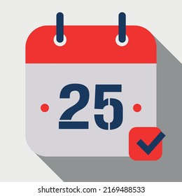 Vektorgrafik, Flachsymbol-Kalender einzeln auf grauem Hintergrund. Kalender, Vektorsymbol, der Tag 25 markiert. Bearbeitbarer Terminkalender.