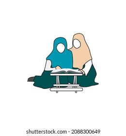 vector illustration of flat icon of a child learning the Koran with desk accessories, books. suitable for logo design, banner and flyer background.