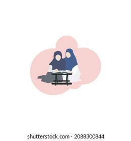 vector illustration of flat icon of a child learning the Koran with desk accessories, books. suitable for logo design, banner and flyer background.