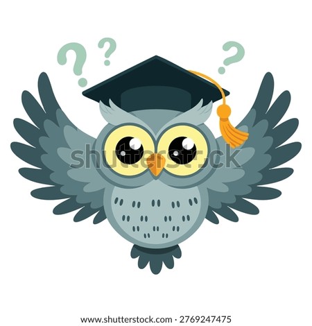 Vector illustration flat icon of cute flying wise owl wearing academic cap perfect for graduation school education and knowledge themes