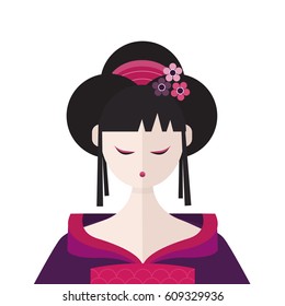 Vector illustration flat icon geisha in  kimono and flowers in hair. Geisha portret.