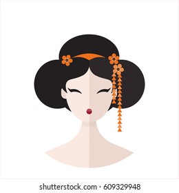 Vector illustration flat icon geisha in  kimono and flowers in hair. Geisha portret.