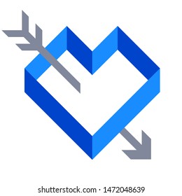 Vector illustration. Flat icon of geometric blue heart shape and arrow.