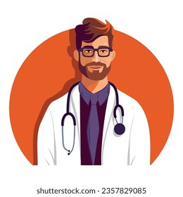 Vector illustration flat vector icon male avatar doctor in a bathrobe, glasses and with a stethoscope on an orange background, holiday medical worker's day, medicine, health