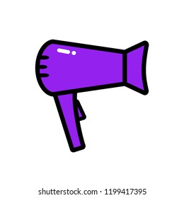 Vector illustration flat icon of professional hair dryer. Violet with black outline. White background