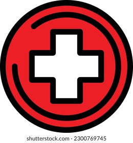 Vector illustration of a flat icon of a red circle with a cross inside it. First aid, hospitals and medicine. Plus symbol.