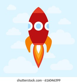 Vector Illustration: Flat Icon With Red Rocket Ship
 Isolated On Light Blue Background With White Clouds. Project Start Up And Development Process. Innovation Product And Management