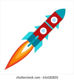 Vector Illustration: Flat Icon With Red Rocket Ship Isolated On White Background. Project Start Up And Development Process. Innovation Product And Management.