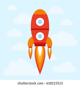 Vector Illustration: Flat Icon With Red Rocket Ship
 Isolated On Light Blue Background With White Clouds. Project Start Up And Development Process. Innovation Product And Management