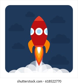 Vector Illustration: Flat Icon With Red Rocket Ship
 Isolated On Dark Blue Background With  Clouds. Project Start Up And Development Process. Innovation Product And Management