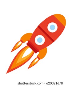 Vector Illustration: Flat Icon With Red Rocket Ship Isolated On White Background. Project Start Up And Development Process. Innovation Product 