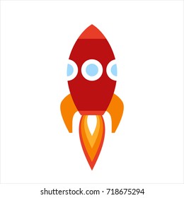 Vector Illustration: Flat Icon With Red Rocket Ship Isolated On White Background. Project Start Up And Development Process. Innovation Product And Management.