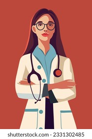 Icono vectorial llano vectorial mujer avatar médico en gafas de humo y con estetoscopio medicina salud