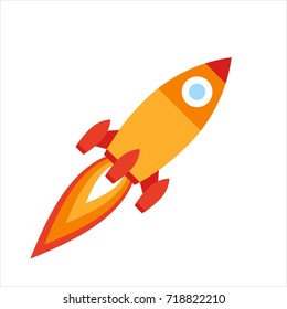 Vector Illustration: Flat Icon With Yellow And Red Rocket Ship
 Isolated On White Background. Project Start Up And Development Process. Innovation Product And Management