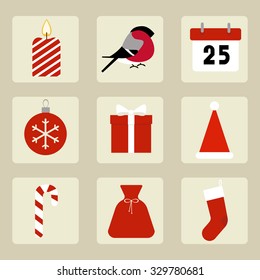 Vector illustration with flat icons of traditional Christmas symbols in red and white colors.
