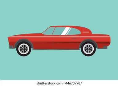 vector an illustration flat with the image of the red american muscle sports car.Urban vehicles icons.Side view, isolated. For the websites, for games, children's goods and packings, toys emblems,