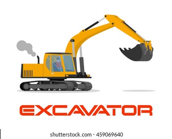 Vector illustration with flat industrial excavator. Construction equipment,mining transportation. Heavy machinery object. Isolated excavator on white background