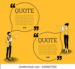 Vector illustration in flat ink drawing cartoon style of young man and woman with speech bubbles. Dialogue speech bubbles, comments, quotes, online chat and social network communication.