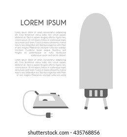 Vector illustration with flat iron and ironing board background. Household appliances. Laundry room objects. Vector illustration for home appliances, equipment shop or advertisement. Isolated objects