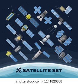 Vector illustration of flat isolated satellite with GPS radar station, solar panel and dish in space. 