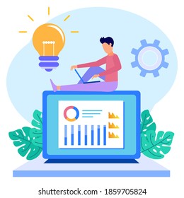 Ilustración vectorial de isométrica plana aislada en fondo blanco, concepto de análisis de negocio. Los jóvenes empresarios analizan los índices de crecimiento.
