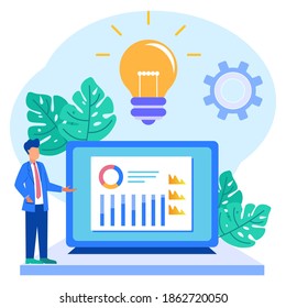 Vector illustration of flat isometric isolated on white background, business analysis concept. Young business people analyze growth charts.
