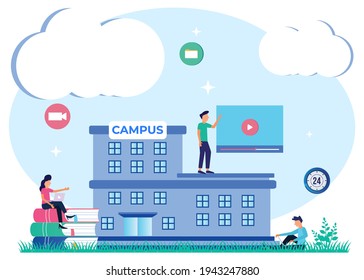 Vector illustration of flat isometric isolated on white background. Concept of a student on a university campus with a campus building. Can be used for web banners, infographics, hero images.