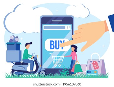 Vector illustration of flat isometric isolated on white background. Order items online with female characters shopping. Can be used for web banners, infographics, hero images.