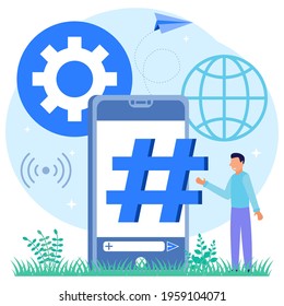 Vector illustration of flat isometric isolated on white background. The social media concept of the character of the person gives support with a hashtag symbol.
