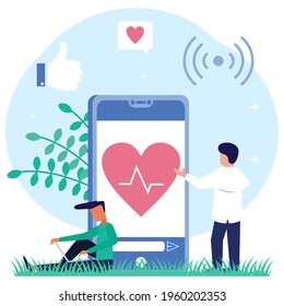 Vector illustration of flat isometric isolated on white background. The concept of online medical services. Heart health consultation. Can be used for web banners, infographics, hero images.