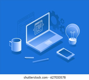 Vector Illustration In Flat And Isometric Style - Design Thinking Concept And App Development -  Laptop, Light Bulb, Coffee Cup, Pencil And Mobile Phone - New Idea Development - Creative Process