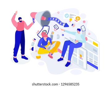 Vector illustration flat isometry. Abstract characters work on Internet media resources. people working on a project online. Internet entertainment watching videos, chatting online, viewing news feeds